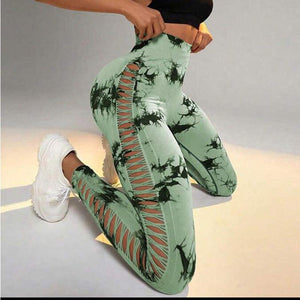 Hollow Tie Dye Printed Yoga Pants High Waist Butt Lift Seamless Sports Gym Fitness Leggings Slim Pants For Women Tight Trousers - AVINCET