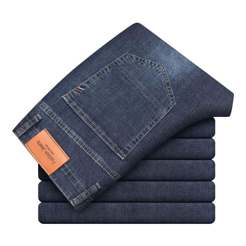 2023 Brand Thin or Thick Material Straight Cotton Stretch Denim Men's Business Casual High Waist Light Grey Blue Jeans - AVINCET