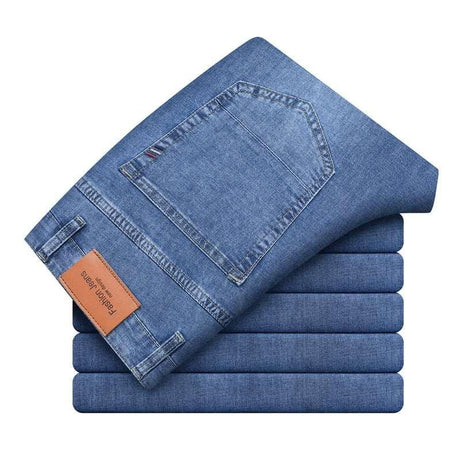 2023 Brand Thin or Thick Material Straight Cotton Stretch Denim Men's Business Casual High Waist Light Grey Blue Jeans - AVINCET