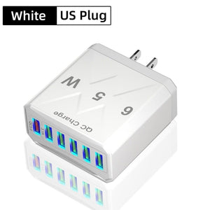 65W 6 Ports USB Charger Fast Charging QC3.0 Travel Charger For iPhone 14 Samsung Xiaomi Mobile Phone Adapter EU KR US UK Plug - AVINCET