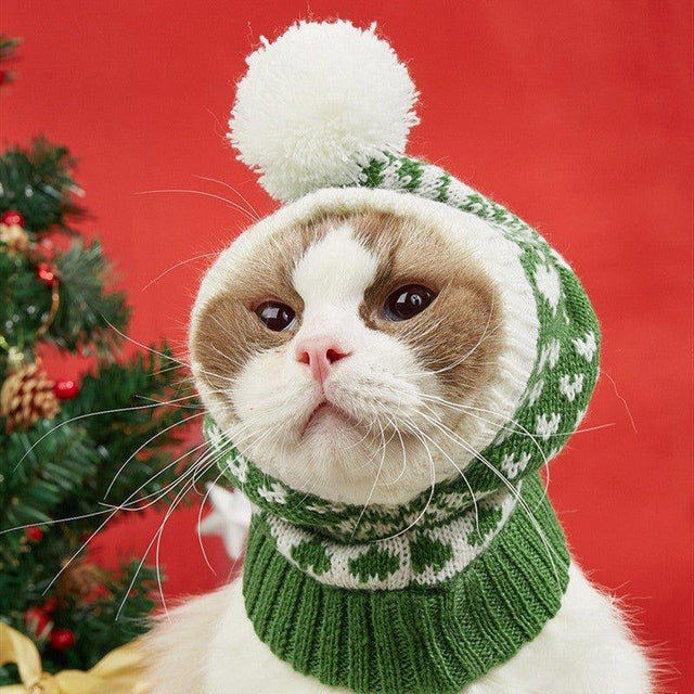 Christmas New Atmosphere Love Snowflake Elk Printing Knitted Warm Pet Dog Cat Fur Ball Hat - AVINCET