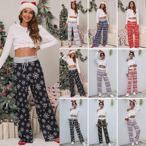 Christmas Print Pants Women Fashion Casual Drawstring Trousers With Christmas Snowflake Tree Elk Print - AVINCET