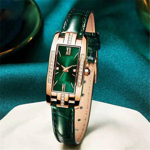 classic retro women's belt quartz square green quartz watch Student women's wear clock luxury style - AVINCET