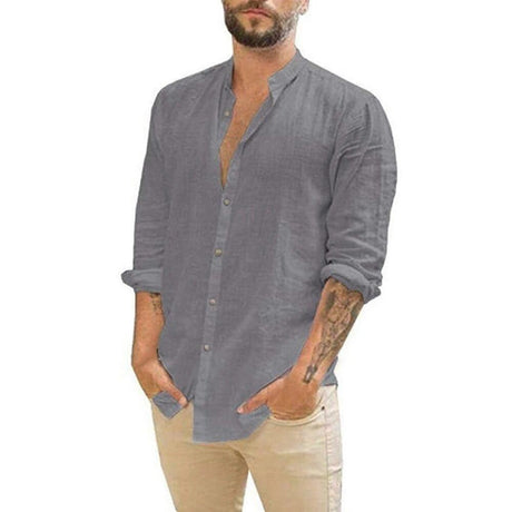 Cotton Linen Hot Sale Men's Long-Sleeved Shirts Summer Solid Color Stand-Up Collar Casual Beach Style Plus Size - AVINCET