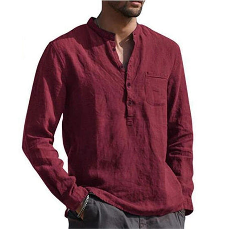 Cotton Linen Hot Sale Men's Long-Sleeved Shirts Summer Solid Color Stand-Up Collar Casual Beach Style Plus Size - AVINCET