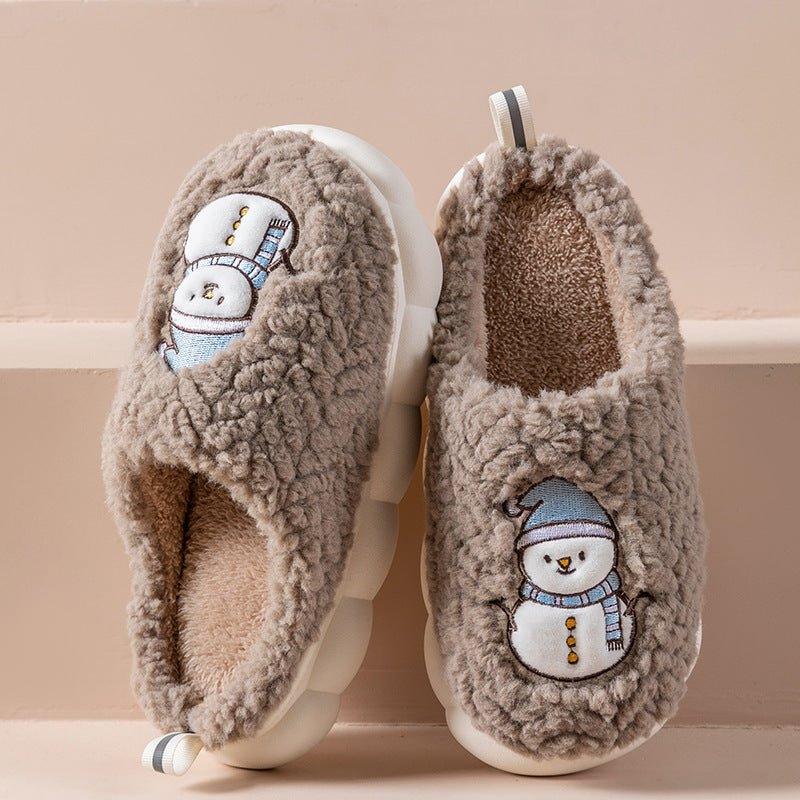 Cute Snowman Slippers Winter Indoor Household Warm Plush Thick-Soled Anti-slip Couple Home Slipper Soft Floor Bedroom House Shoes - AVINCET
