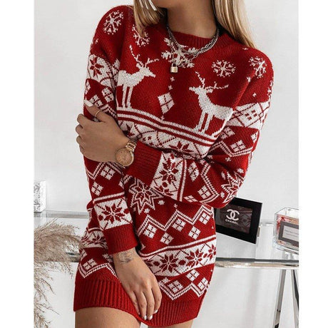 Elk Snowflake Christmas Jacquard Knitted Dress Long Knitted Sweaters - AVINCET