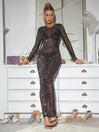Glitter Female Cover up Maxi Dress Mesh See-Through Split Fashion Long Sleeve Slim Sexy Beach Cover up Dress For Women - AVINCET