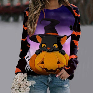 Halloween Cartoon Print Sweatshirt Long Sleeve Pullover Tops Women - AVINCET