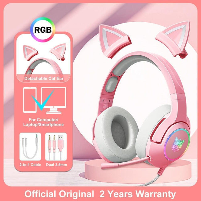 K9 Pink Cat Ear Headphones with RGB LED Light Flexible Mic Gaming Headset 7.1 Surround Computer Earphones for PC Gamer - AVINCET