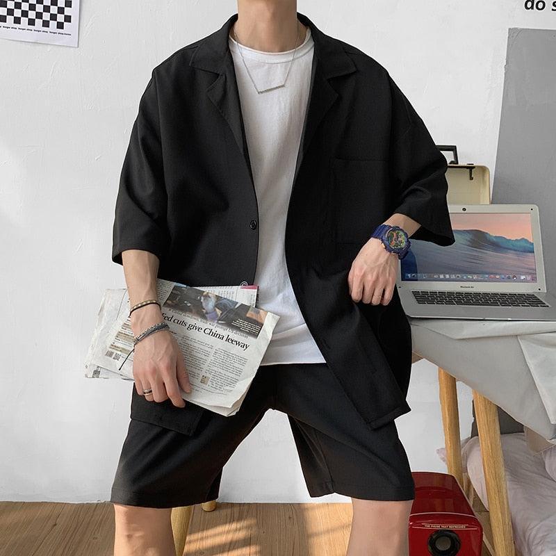 Korean Style Men's Set Suit Jacket and Shorts Solid Thin Short Sleeve Top Matching Bottoms Summer Fashion Oversized Short Suit - AVINCET