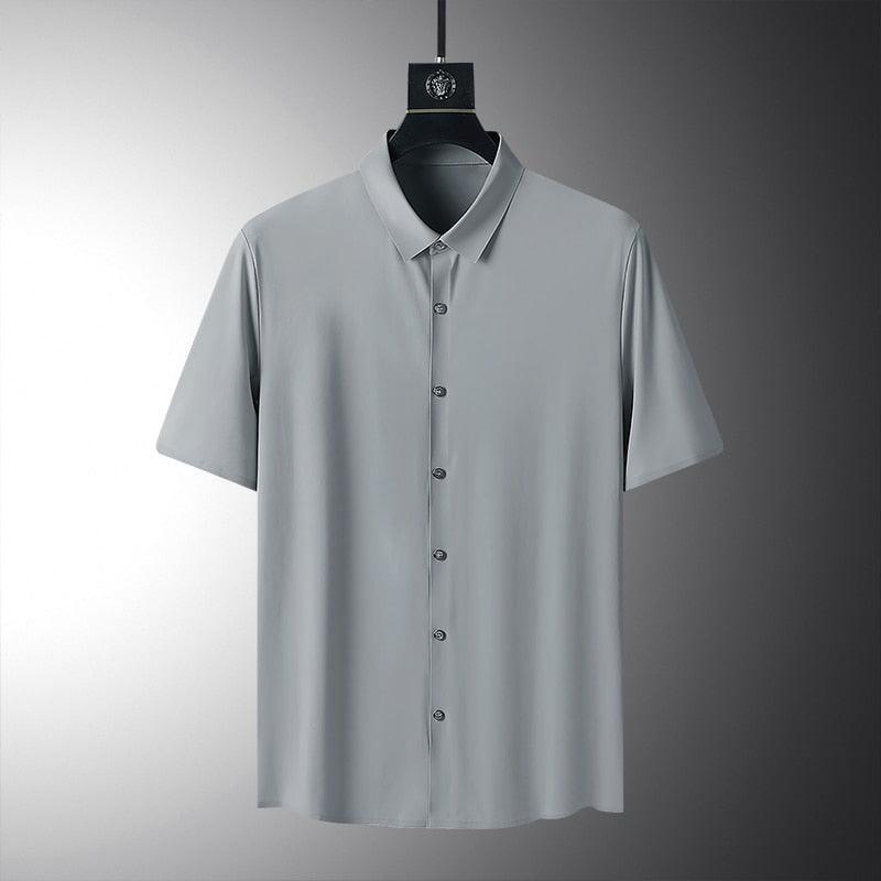 Large Size 8xl Summer Men's Solid Color Short Sleeved Shirt Oversize Loose Elasticity Casual Black White Quick Dry Silk Shirts - AVINCET