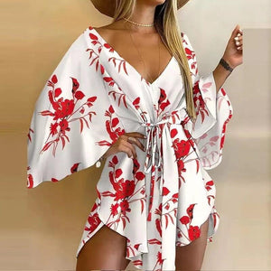 New Summer Beach Elegant Women Dresses Sexy V Neck Lace-up Floral Print Mini Dress Casual Flared Sleeves Ladies Party Dress - AVINCET