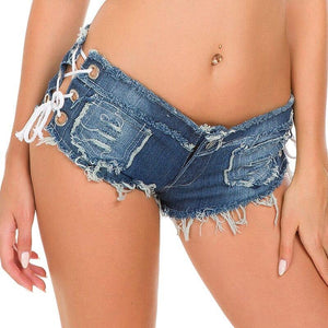 Sexy Summer Women Denim Ripped Shorts Jeans High Waisted Elastic Lace Up Bandage Shorts Hotpants - AVINCET