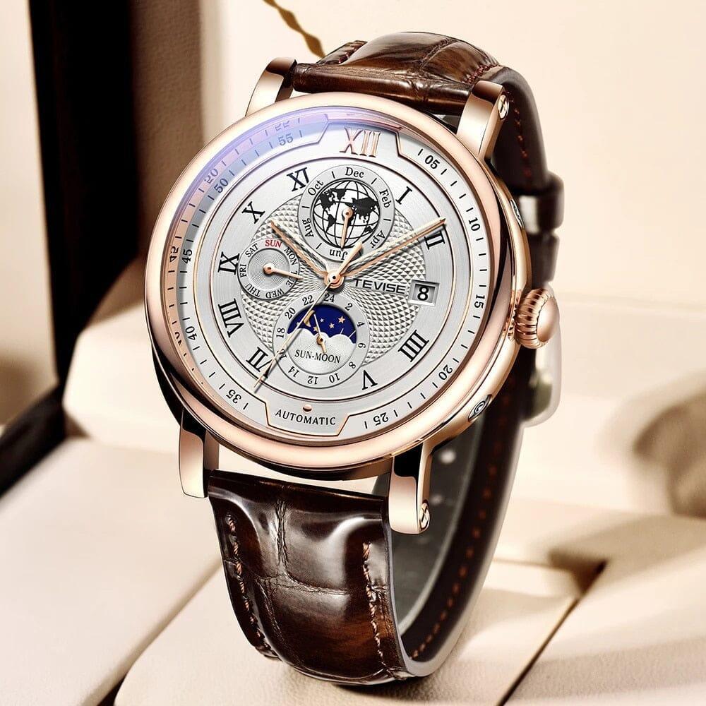 TEVISE Business Waterproof Mens Mechanical Watches Top Brand Luxury Leather Watch For Men Moon Phase Automatic Wristwatch - AVINCET
