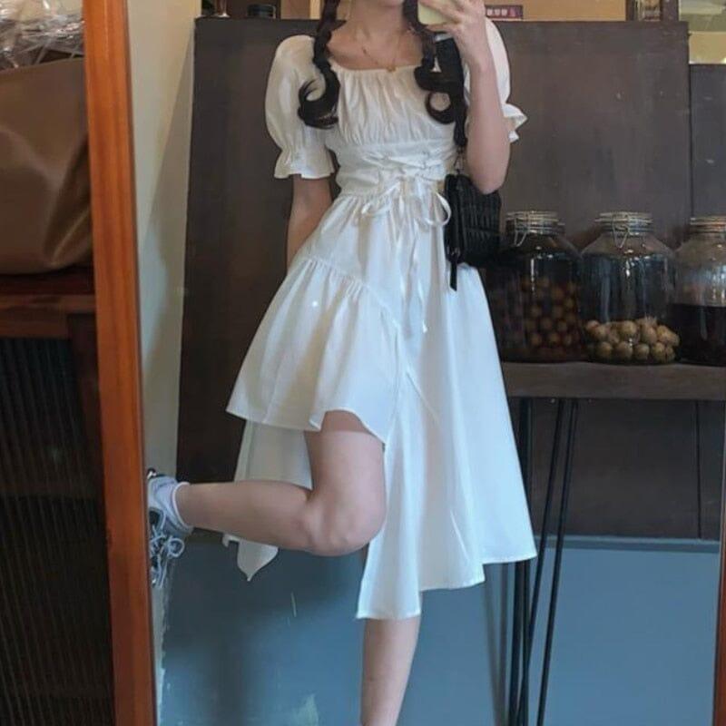 White Dress Summer Elegant Vintage Kawaii Puff Sleeve Midi Dress Square Collar Bandage Sundress Goth Outfits - AVINCET
