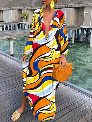 Women Boho Print Beach Cover Up 2023 Summer Sexy Deep V-Neck Long Sleeve Long Dresses Female Vintage Maxi Dresses Elegant Robe - AVINCET
