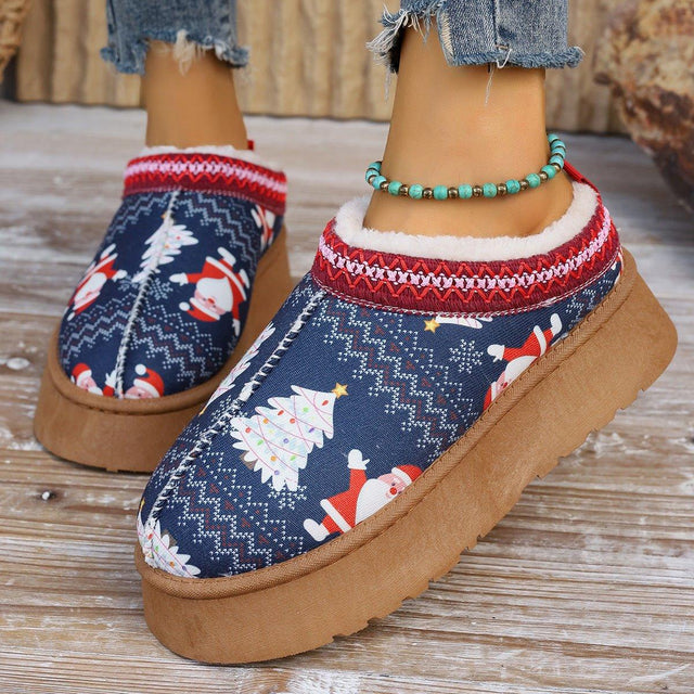 Women's Cartoon Christmas Print Ankle Boots Casual Slip On Plush Lined Home Shoes Comfortable Winter Short Boots - AVINCET