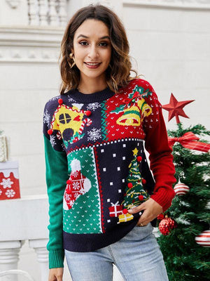 Women's Christmas Tree Snowflake Knitted Sweaters Long Sleeve Crew Neck Embroidery Pullover Knitwear Winter Tops Clothes - AVINCET