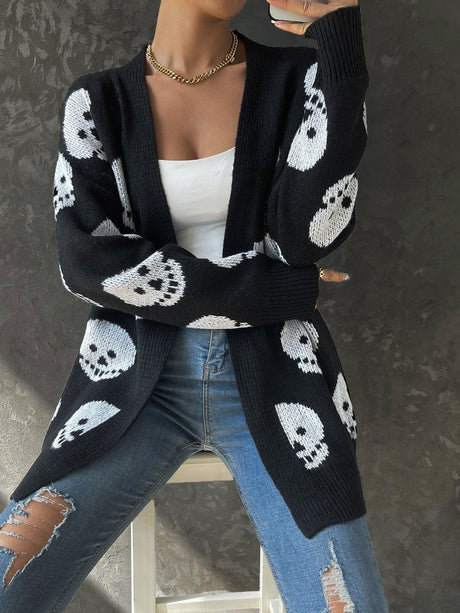 Women's Fashion Casual Halloween Skull Jacquard Knitted Long Sleeve Cardigan - AVINCET