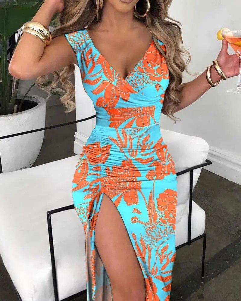 Women Summer V-Neck Ombre Vacation Wear Long Bodycon Dresses Sexy Drawstring Ruched High Slit Dress Female Robe - AVINCET